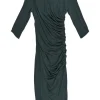 Forest green twist-draped modal-wool blend knee-length sheath dress with half sleeves