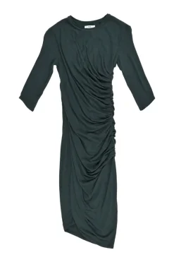 Forest green twist-draped modal-wool blend knee-length sheath dress with half sleeves