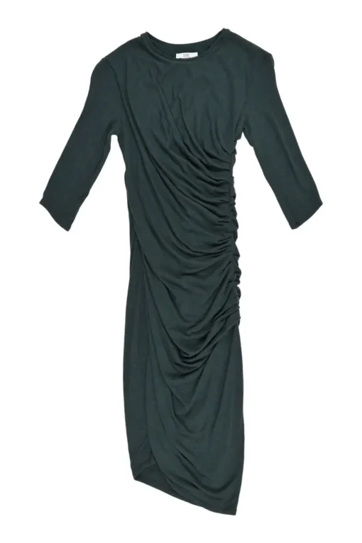 Forest green twist-draped modal-wool blend knee-length sheath dress with half sleeves