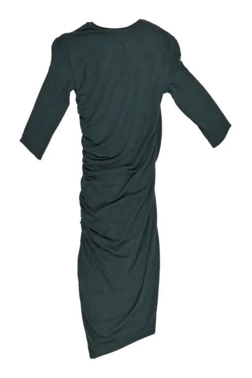 Forest green twist-draped modal-wool blend knee-length sheath dress with half sleeves
