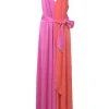 Fuchsia and coral red paneled silk jersey knit plunge maxi dress with self-tie belt