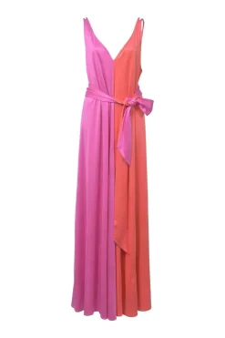 Fuchsia and coral red paneled silk jersey knit plunge maxi dress with self-tie belt
