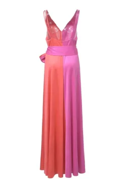 Fuchsia and coral red paneled silk jersey knit plunge maxi dress with self-tie belt