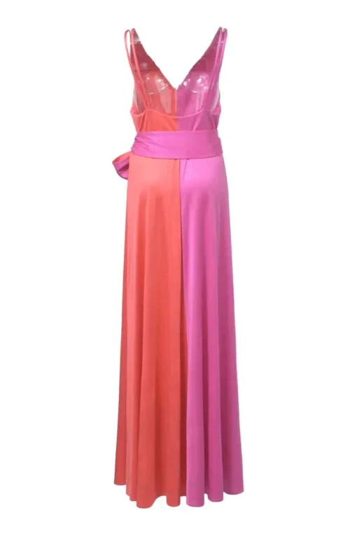 Fuchsia and coral red paneled silk jersey knit plunge maxi dress with self-tie belt