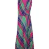 Fuchsia and green bias-cut cotton madras plaid plunge maxi A-line dress with drawstring waist