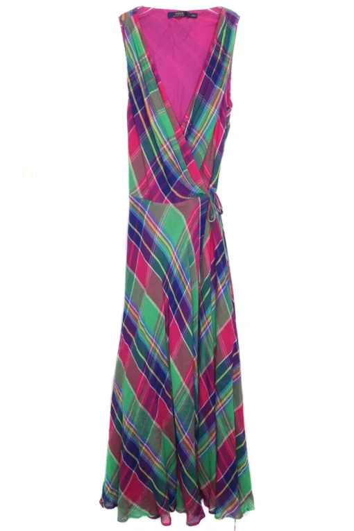 Fuchsia and green bias-cut cotton madras plaid plunge maxi A-line dress with drawstring waist