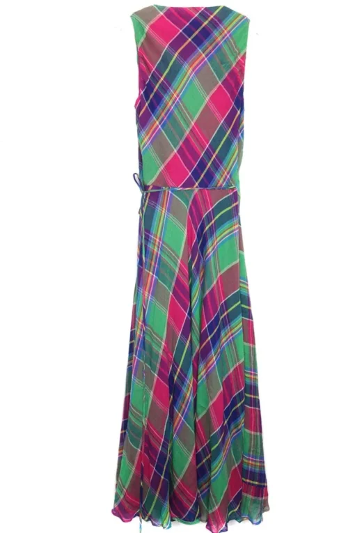 Fuchsia and green bias-cut cotton madras plaid plunge maxi A-line dress with drawstring waist
