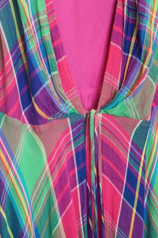 Fuchsia and green bias-cut cotton madras plaid plunge maxi A-line dress with drawstring waist