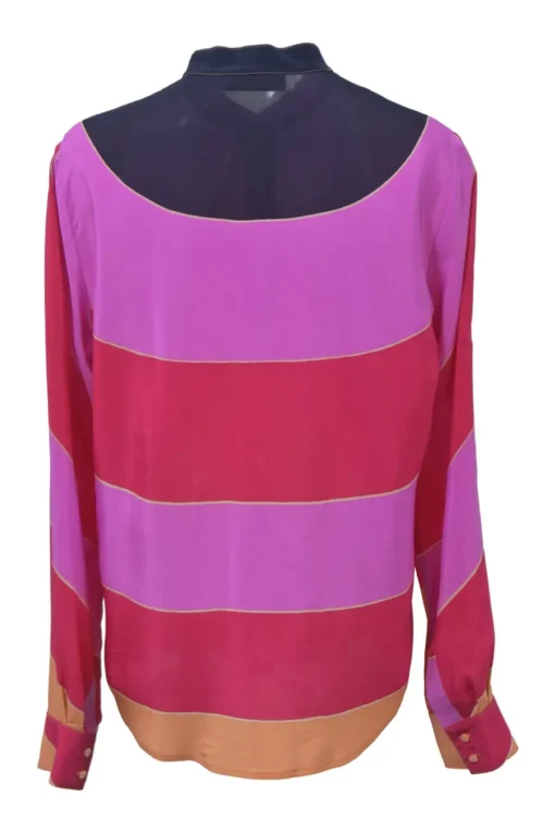 Fuchsia bias-cut striped silk band-collar button-front blouse