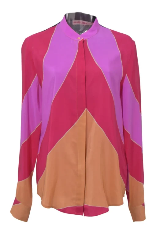 Fuchsia bias-cut striped silk band-collar button-front blouse