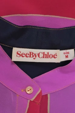 Fuchsia bias-cut striped silk band-collar button-front blouse