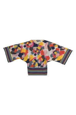 Fuchsia cotton abstract print dolman sleeve bateau neck blouse