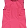 Fuchsia cotton poplin sleeveless blouse with ruffled high collar and darted bodice