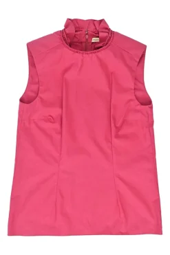 Fuchsia cotton poplin sleeveless blouse with ruffled high collar and darted bodice