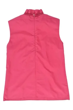 Fuchsia cotton poplin sleeveless blouse with ruffled high collar and darted bodice