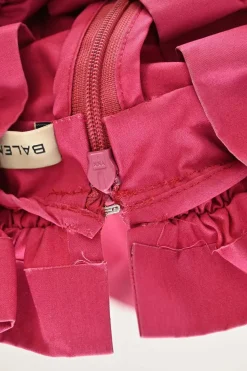 Fuchsia cotton poplin sleeveless blouse with ruffled high collar and darted bodice