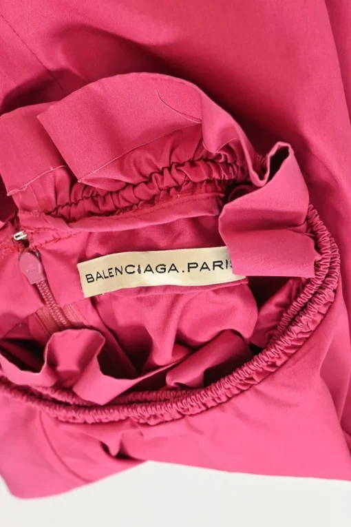 Fuchsia cotton poplin sleeveless blouse with ruffled high collar and darted bodice