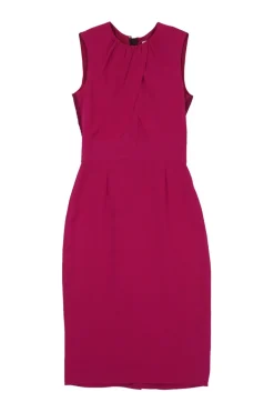 Fuchsia draped silk gathered neck sleeveless sheath dress with tulip bodice and back slit skirt