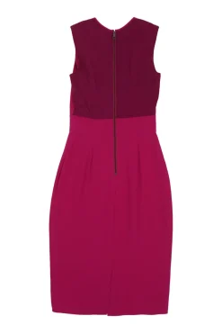 Fuchsia draped silk gathered neck sleeveless sheath dress with tulip bodice and back slit skirt