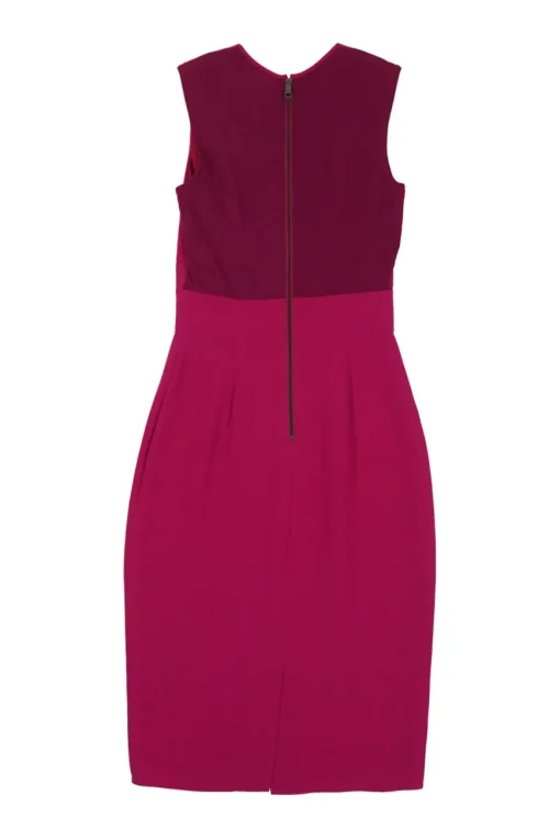 Fuchsia draped silk gathered neck sleeveless sheath dress with tulip bodice and back slit skirt