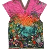 Fuchsia embellished silk landscape print plunge neck half-zip cap sleeve slit front shift dress