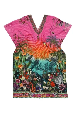 Fuchsia embellished silk landscape print plunge neck half-zip cap sleeve slit front shift dress