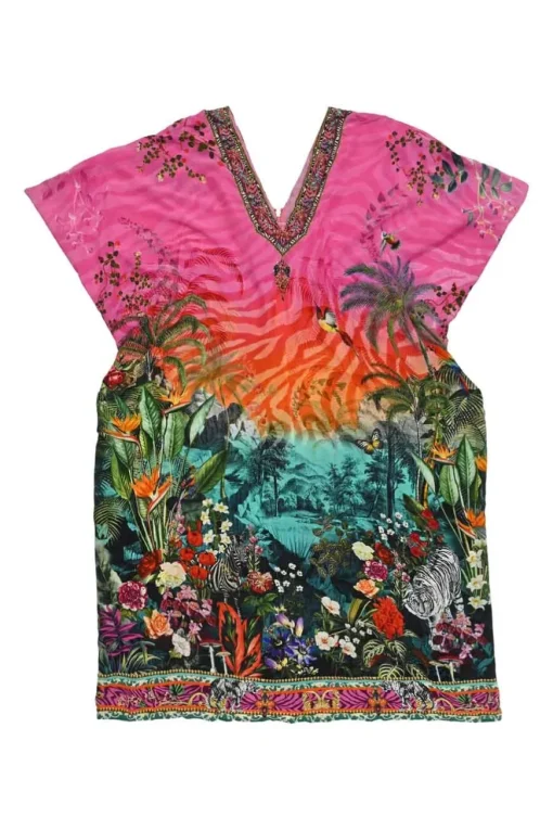 Fuchsia embellished silk landscape print plunge neck half-zip cap sleeve slit front shift dress