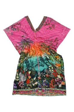 Fuchsia embellished silk landscape print plunge neck half-zip cap sleeve slit front shift dress