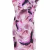 Fuchsia floral print cap sleeve ruched side sheath midi dress with gold-tone metal brooch