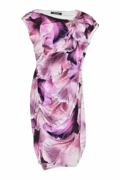 Fuchsia floral print cap sleeve ruched side sheath midi dress with gold-tone metal brooch