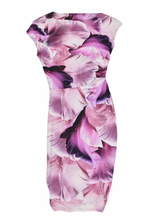 Fuchsia floral print cap sleeve ruched side sheath midi dress with gold-tone metal brooch
