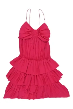 Fuchsia gathered silk tiered A-line dress with bustier bodice and rara skirt