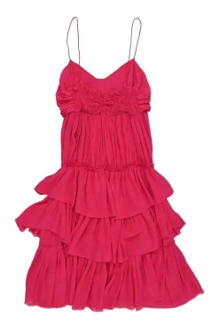 Fuchsia gathered silk tiered A-line dress with bustier bodice and rara skirt