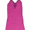 Fuchsia lace-trimmed silk slip dress featuring floral broderie motif at centre front