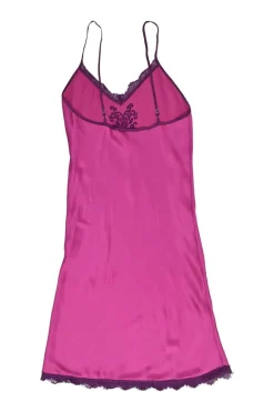 Fuchsia lace-trimmed silk slip dress featuring floral broderie motif at centre front