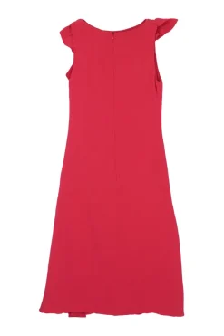 Fuchsia pink silk cascade ruffle bateau neck sleeveless shift dress