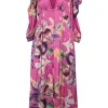 Fuchsia polyester floral print plunge neck empire-waist button-front A-line midi dress with ruched sleeves