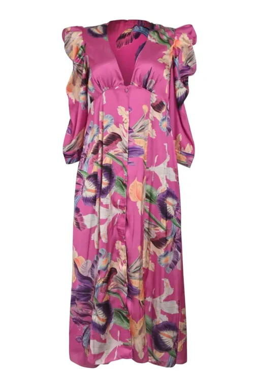 Fuchsia polyester floral print plunge neck empire-waist button-front A-line midi dress with ruched sleeves