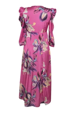 Fuchsia polyester floral print plunge neck empire-waist button-front A-line midi dress with ruched sleeves