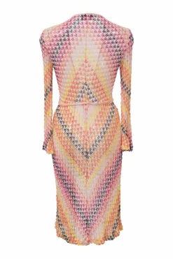 Fuchsia rayon striped pointelle knit tie-front cardigan