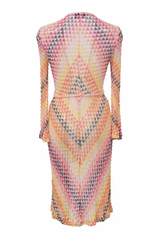 Fuchsia rayon striped pointelle knit tie-front cardigan