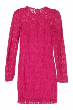 Fuchsia semi-sheer rayon-blend floral lace long sleeve mini sheath dress