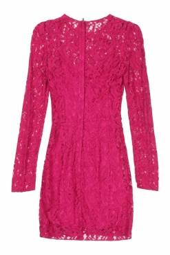 Fuchsia semi-sheer rayon-blend floral lace long sleeve mini sheath dress