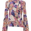 Fuchsia silk abstract patchwork paisley print high-collar wrap-front bell sleeve blouse