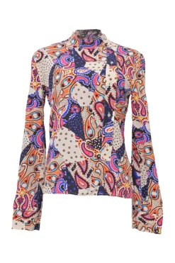 Fuchsia silk abstract patchwork paisley print high-collar wrap-front bell sleeve blouse