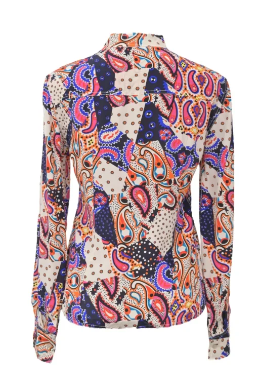 Fuchsia silk abstract patchwork paisley print high-collar wrap-front bell sleeve blouse
