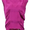 Fuchsia silk chiffon crewneck cap sleeve top with gathered details