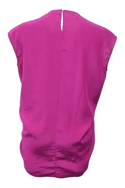 Fuchsia silk chiffon crewneck cap sleeve top with gathered details