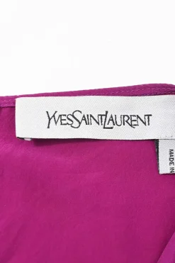 Fuchsia silk chiffon crewneck cap sleeve top with gathered details