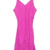 Fuchsia silk jacquard pullover wrap-effect slip with frog button appliqué and adjustable spaghetti straps